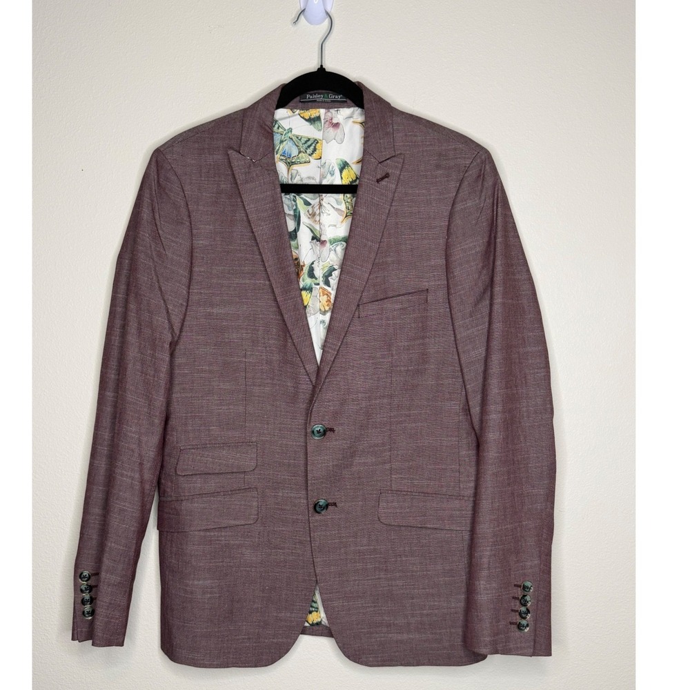Paisley & Gray Men's Slim Fit Blazer 38R Burgundy Maroon Butterfly Lining Jacket